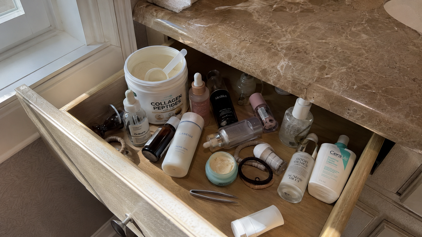 A bathroom drawer of half-finished skincare products
