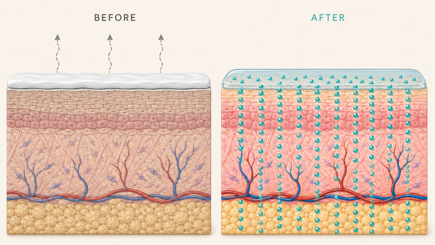 Skin cross-section showing cream beading on the surface vs penetrating with a seal